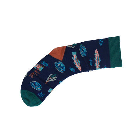 An image of Navy Fish, calf-length sock by Doris & Dude