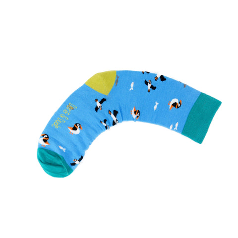 An image of Sky Blue Puffin, calf-length sock by Doris & Dude