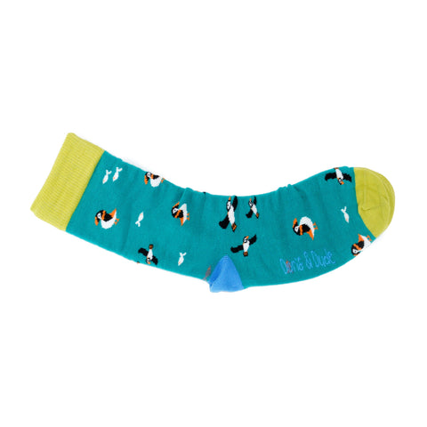 An image of Teal Puffin, calf-length sock by Doris & Dude